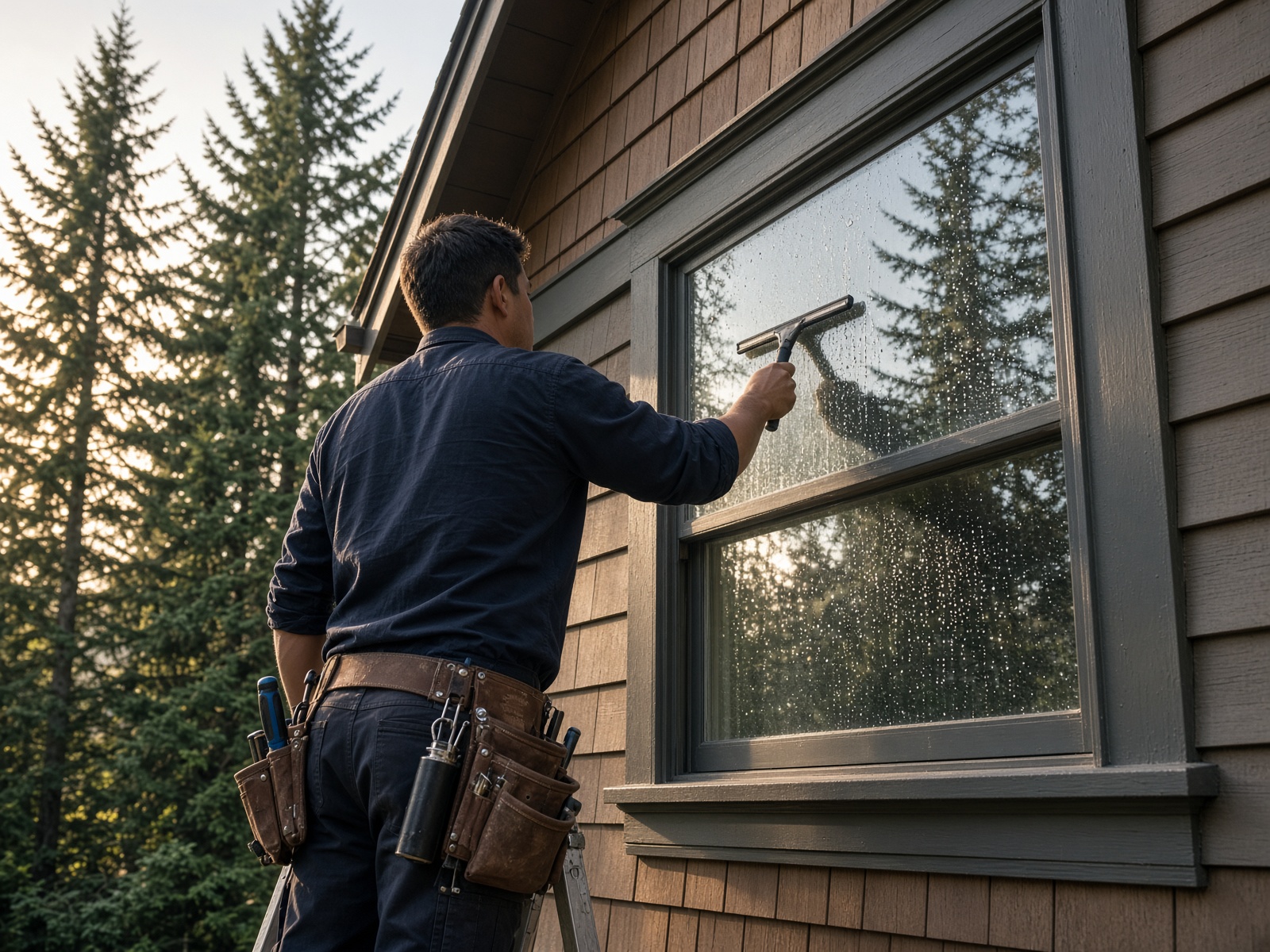 Technician drawing a squeegee down a second-storey window