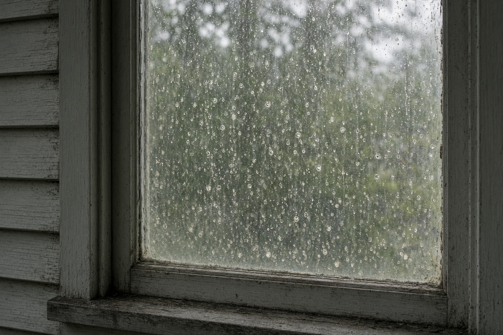 Window filmed with hard-water spots and pollen